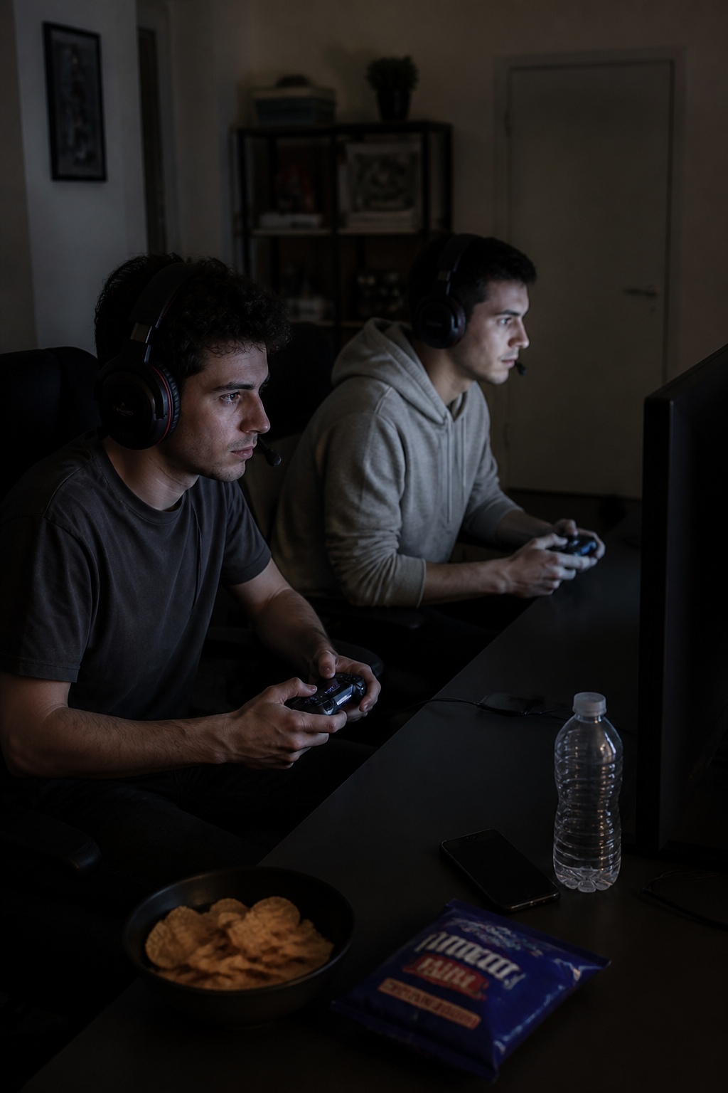Players focused on a home gaming setup