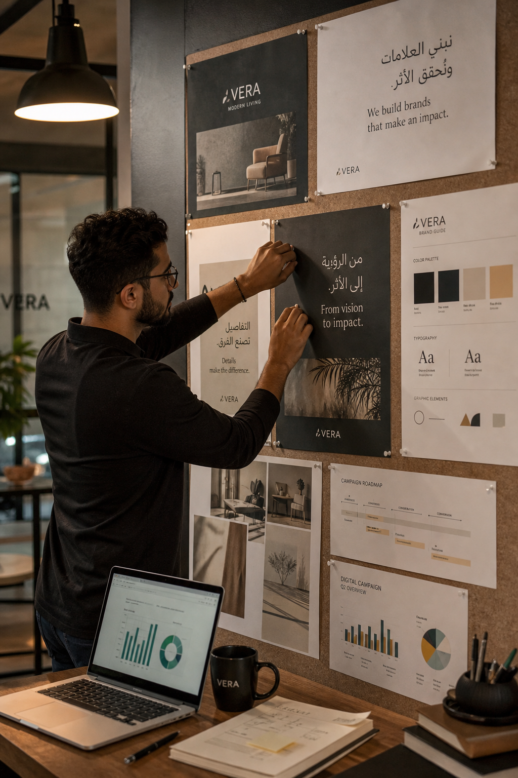 Brand boards and campaign work pinned in a marketing studio