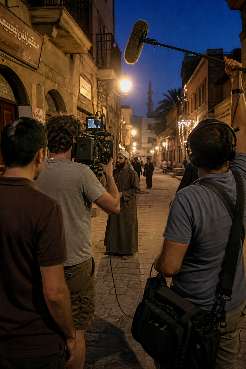 Film crew shooting on a city street at dusk