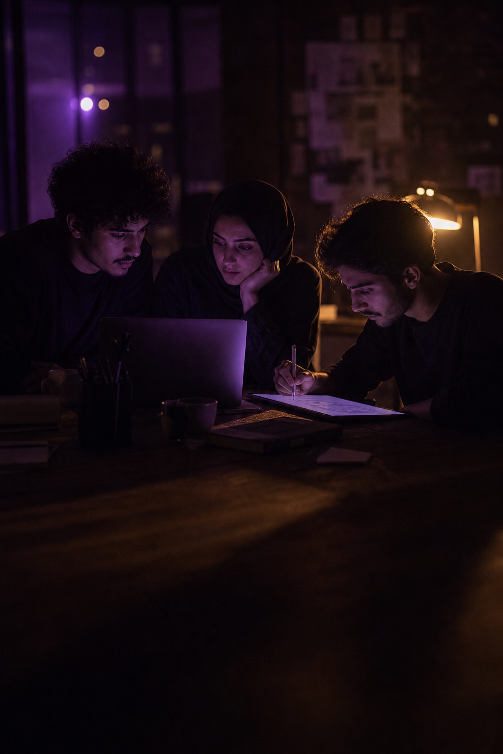 Three young creators working together over a laptop and tablet at a shared table
