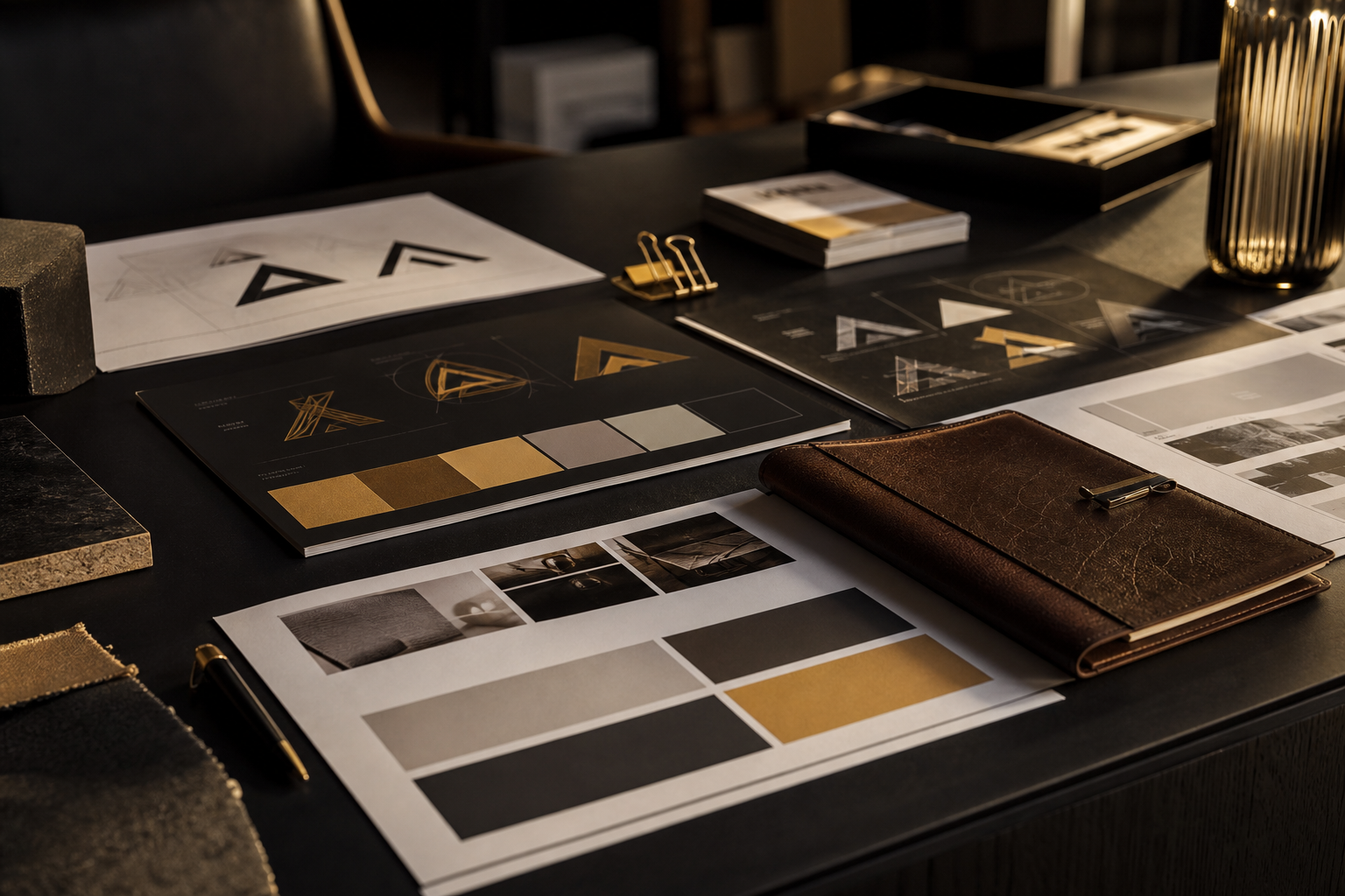 Brand identity artwork laid out across a dark studio surface