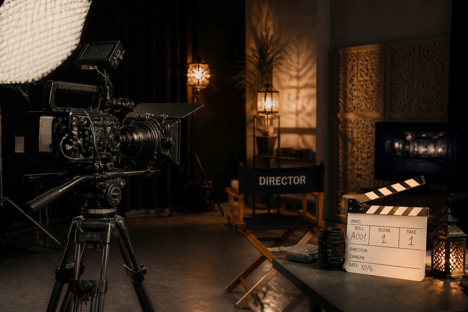 Video production lighting and camera rig on set