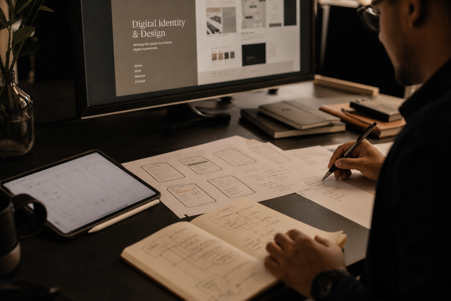 Interface design layouts arranged on a dark screen
